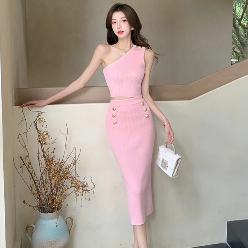 Korean Fashion Summer Pink Knitting 2 Piece Set Women Sexy One Shoulder Slim Vest Crop Tops +High Waist Bodycon Long Skirt Suit