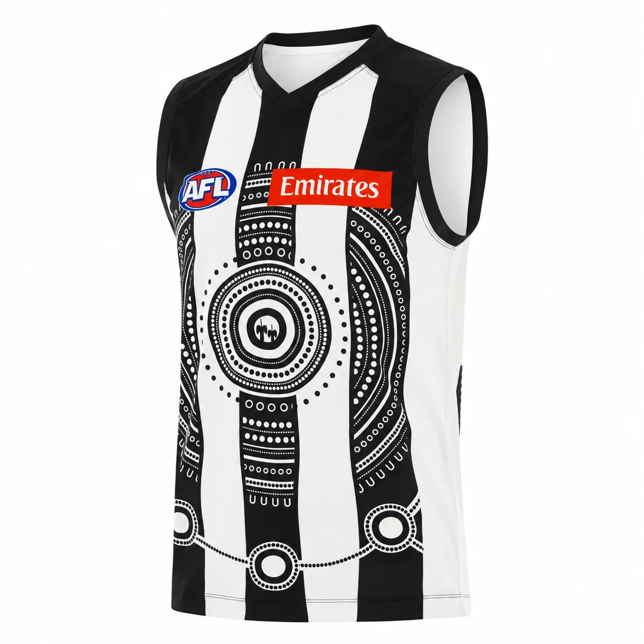 Collingwood Magpies, schwarzes und weißes Trikot für den australischen Fußball, Herrenmodell, ärmelloses Sportshirt mit V-Ausschnitt für das Training. – Detail 2