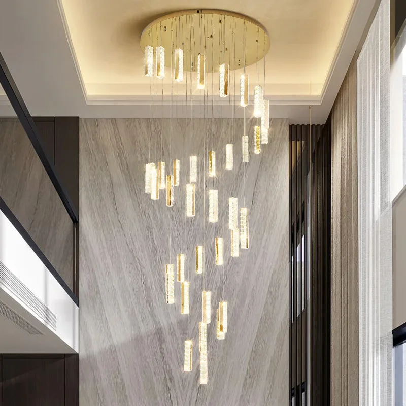 Empty light luxury villa crystal staircase light rotating atmosphere hotel lobby duplex building sky luxury warm chandelier