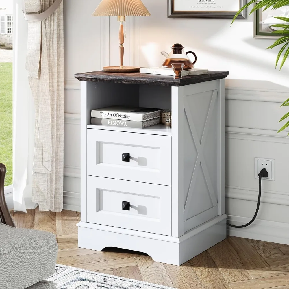 Farmhouse X-Pattern 2 Drawer Dresser, Small Dresser for Bedroom, Small Modern Wood Dressers with Charging Station