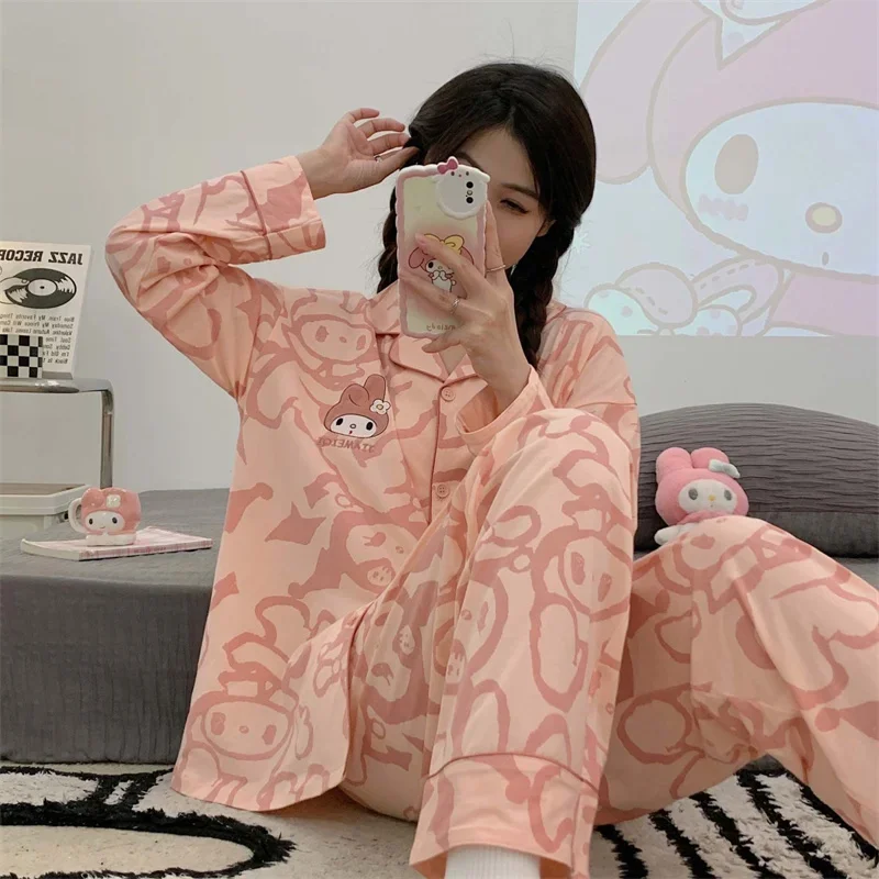 Kawaii Sanrio MyMelody Pajamas Cartoon Anime Home Long Sleeved Loose Cotton Autumn Soft Couple SleepWear Set Can Be Worn Outside