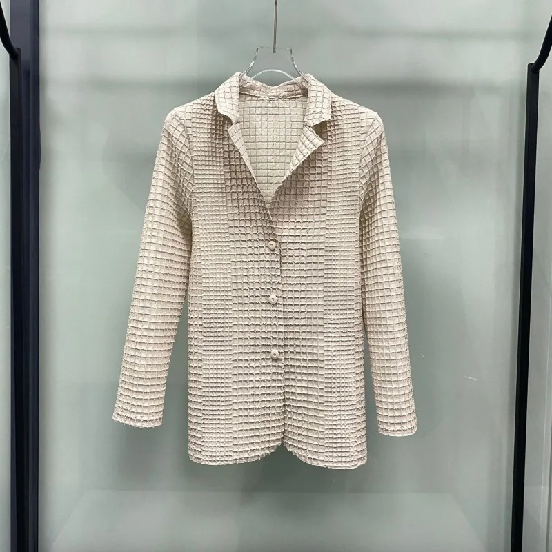 Miyake Pleated Jacket Women 2026 Simple Pleats Coat Autumn Embroidered Waffle Texture Casual Long Sleeve Blazer Women Clothing