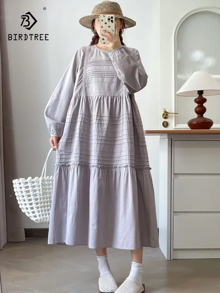 

New 2025 Autumn Cotton Lantern Sleeve Dresses, Women O Neck Folds Solid, Mori Girl Retro Japan Style Sweet Loose Dress D58329CC