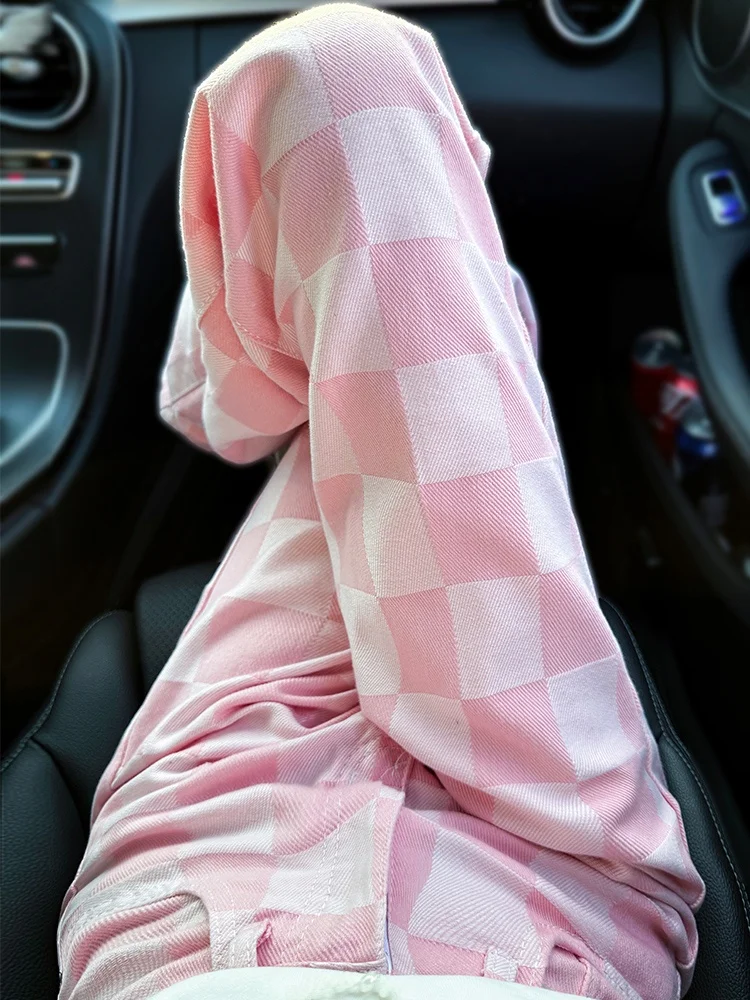 

Fashionable Young Pink Plaid High Waist Women's Jeans Straight Leg Durable Casual Wide Leg Pants for Ages 18-24 Summer 2025