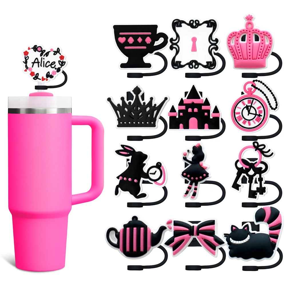 Disney Movie Cartoon Alice Straw Cover Cap 10MM Silicone Straw Plug Splash Proof Drinking Cup Straw Cap Charms Pendent Gift