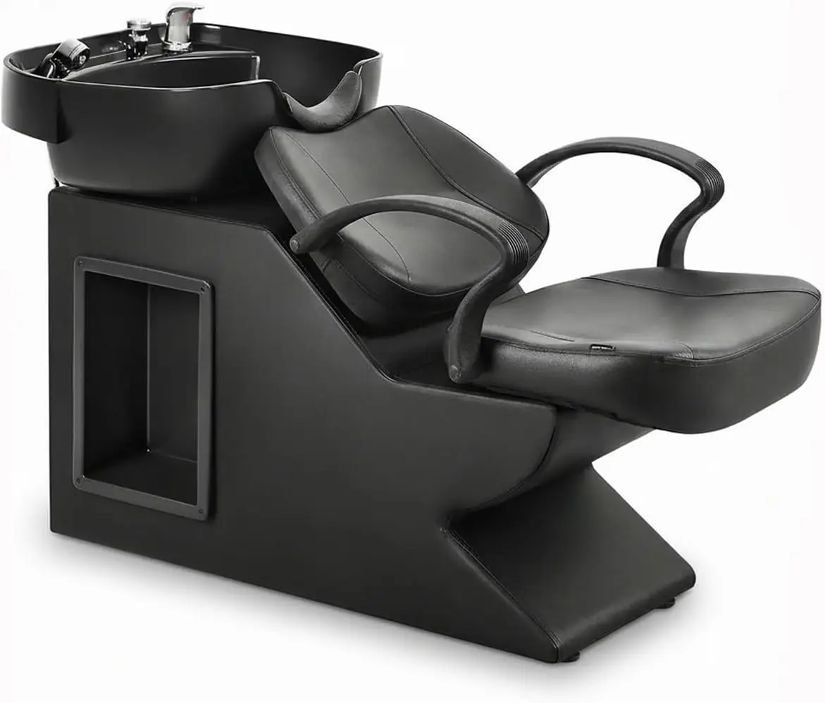 Salon Shampoo Chair Set Backwash Sink 7.87 Inch ABS Basin Neck Rest PU Leather 450lbs Capacity Side Storage Barbershop Spa Home