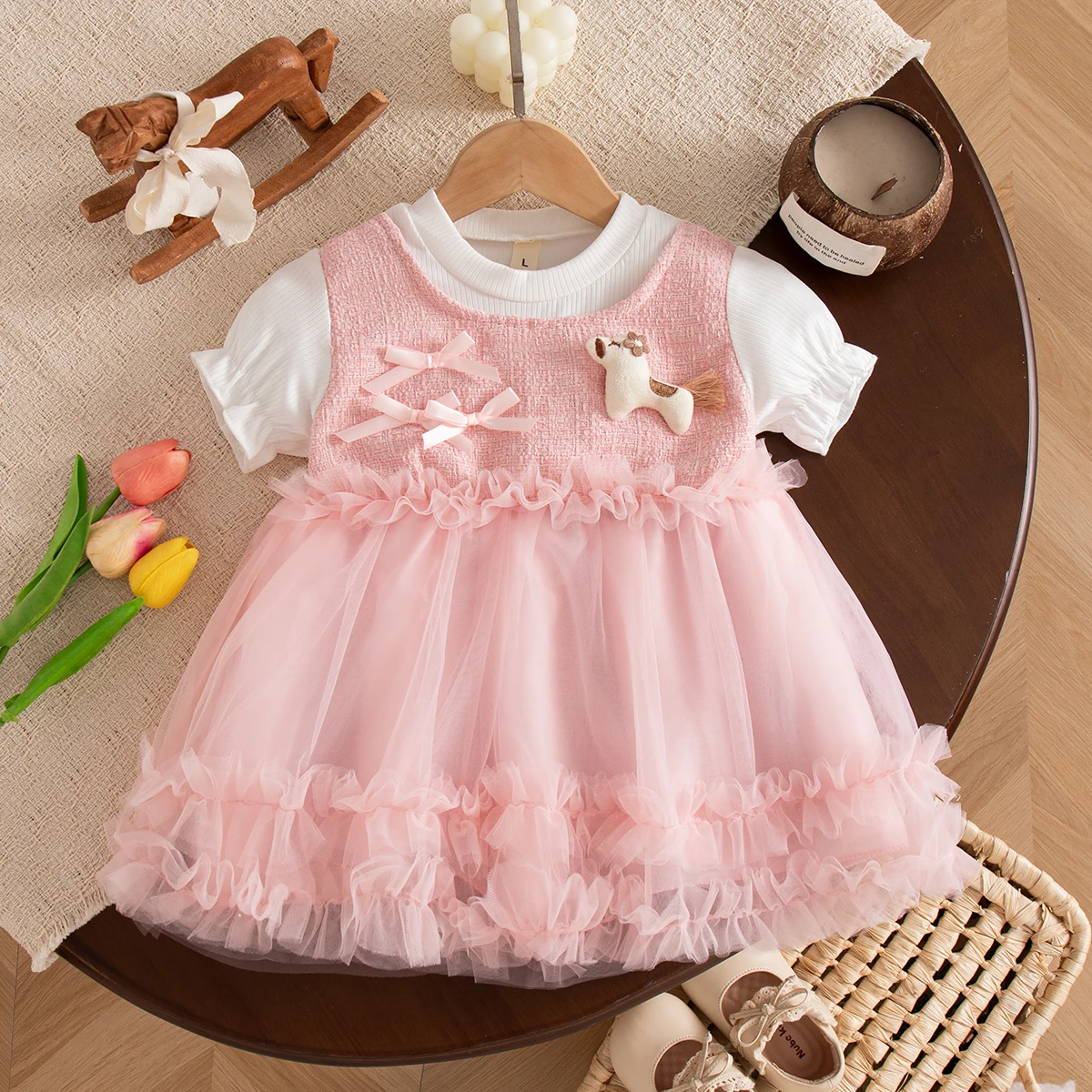 Sweet Beauty Baby Dress Summer New Short Sleeved Mesh Tutu Princess Dress Girl's First Birthday Dress Children's Clothing