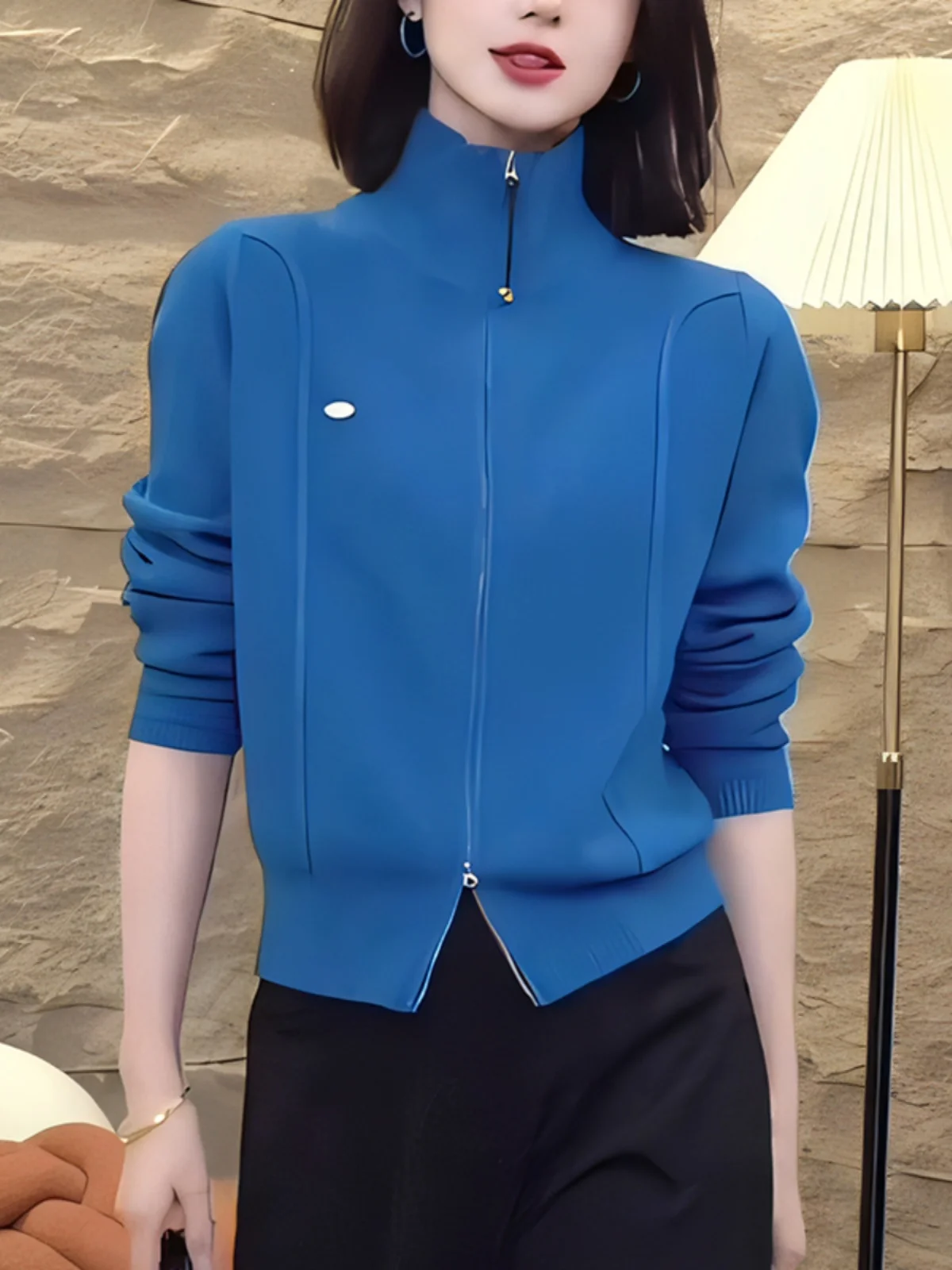 

Unique Zipper Design Knitwear Blue Commute Style Women's New Fashion Autumn Winter Loose Fit Long Sleeve Cardigan G805118