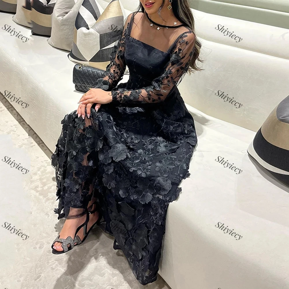 Black Lace Prom Dress A-Line Illusion Long Sleeves Ankle Length Appliques Prom Dress Saudi Arabia Special Occasion Gowns 2024