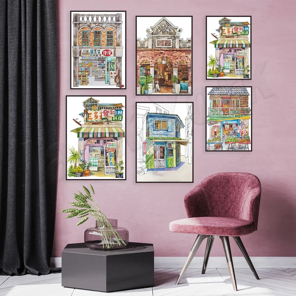 China Taiwan storefront watercolor poster, barber shop, grocery store, key shop, breakfast shop, Fengyuan market, Asian art