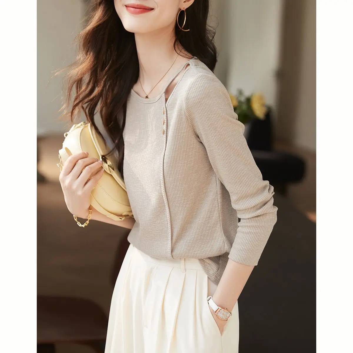

Long Sleeve T Shirt Women Spring New Casual Simple Hollow Out Slim Fit Versatile