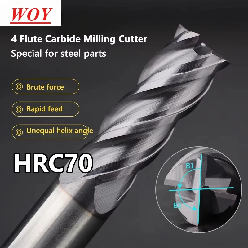 WOY HRC70 CNC Carbide End Mill Tungsten Cutter 4 Flute Metal Steel Machining Tool 1-4 6 8 10 12 Shank Key Face Square Router Bit