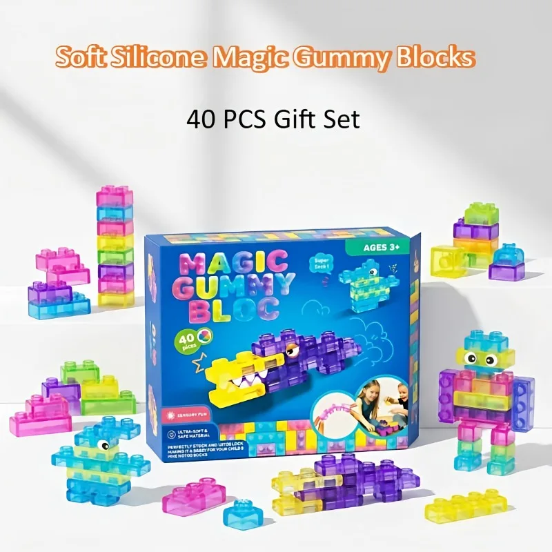 Sensory Soft Jelly Building Blocks Squishy Toy Squeezable & Stretchable for Kids Teens Perfect Table Decor Puzzle Blocks Gift