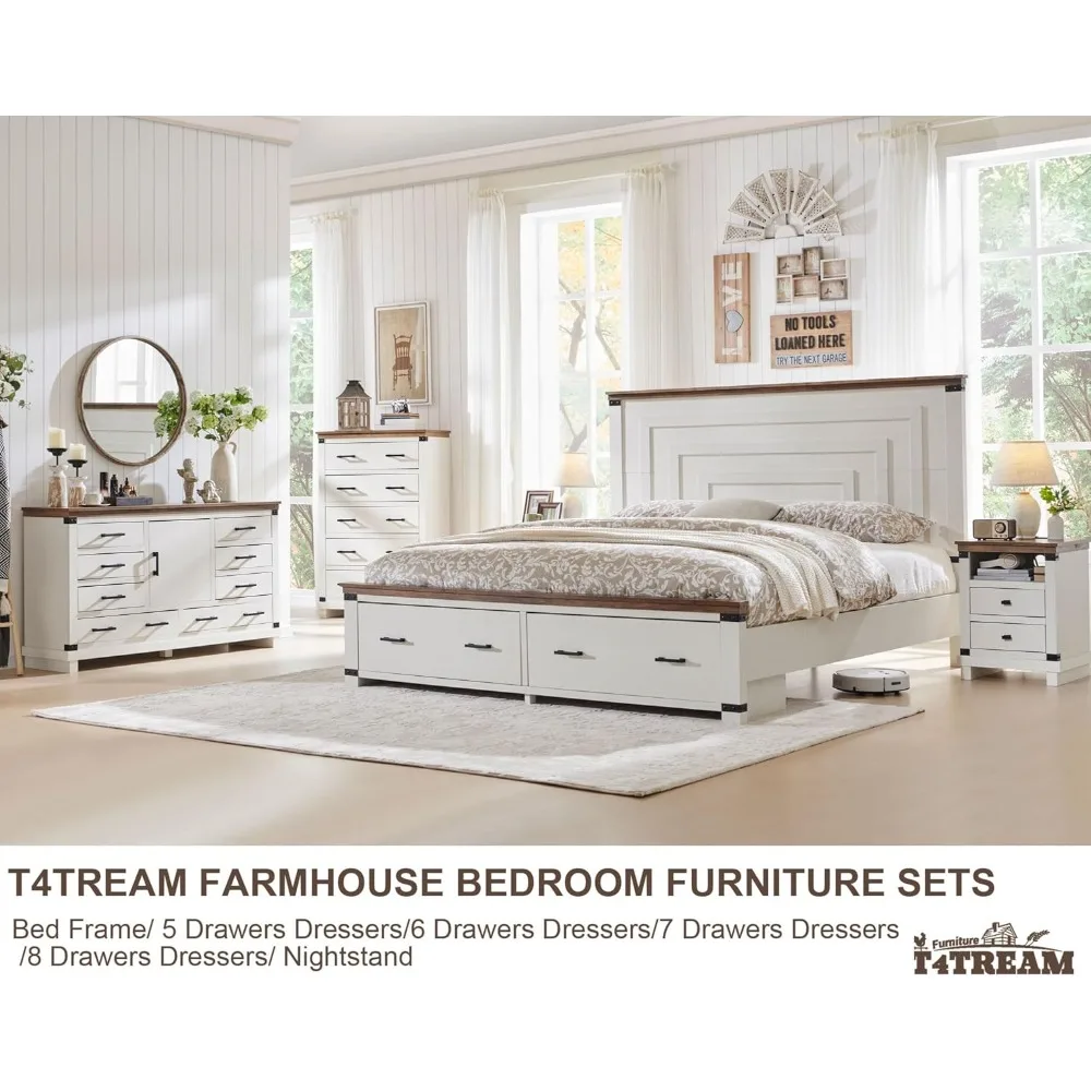 T4TREAM Farmhouse Rama łóżka Queen Size z wysokim geometrycznym zagłówkiem 54" i 2 dużymi szufladami do przechowywania, łóżko na platformie z rustykalnego drewna