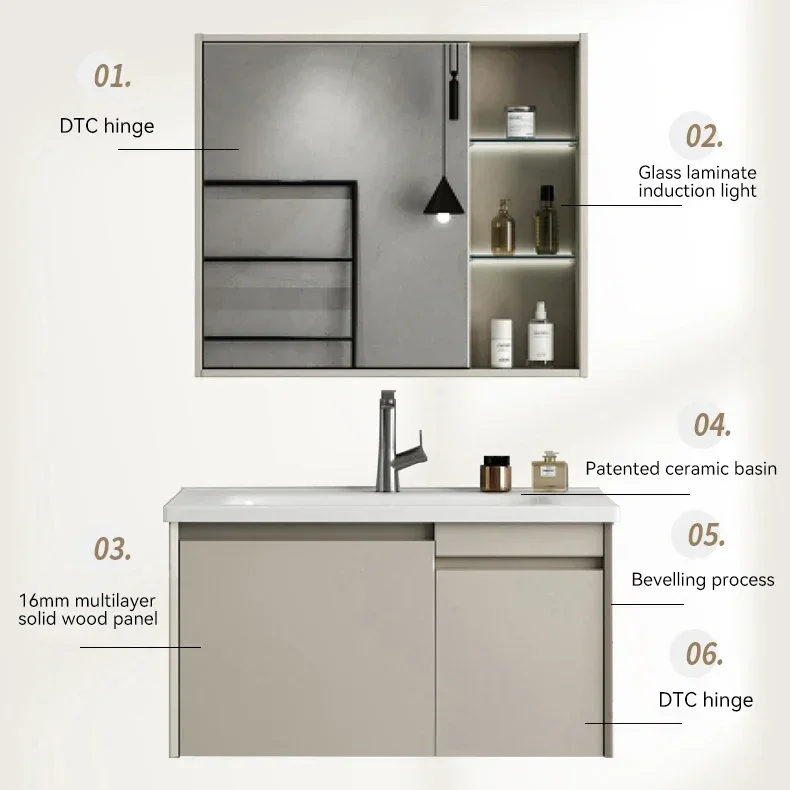 %a Modern Simple Design Bath Wall Mounted Bathroom Mirrored Vanity Cabinet Multi-layer Solid Wood Bathroom Vanity With Ceramic