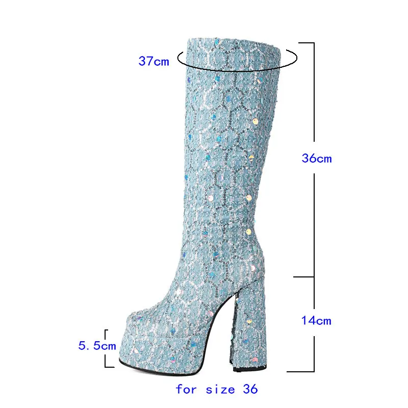 2024 Women Knee High Boots Platform Square High Heel Ladies Calf Boots Denim Round Toe Fashion Party Women\'s Boots Plus Size 43