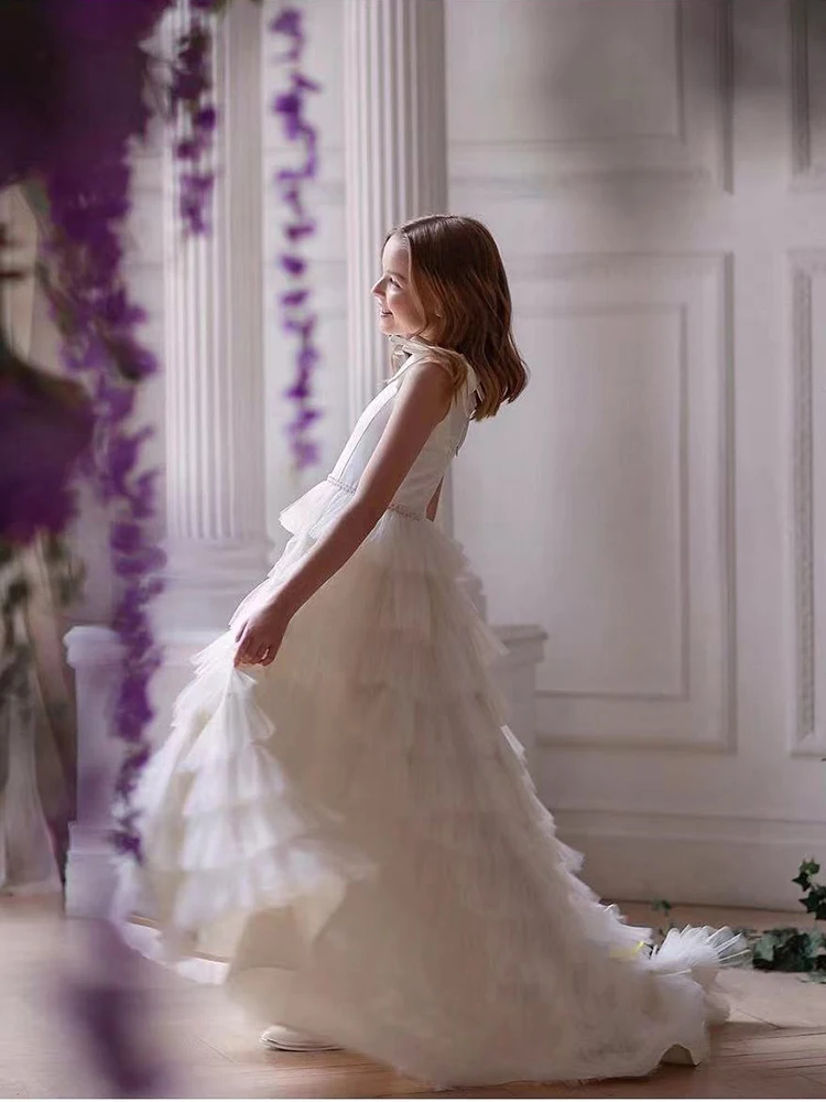 Abiti da ballo per la prima comunione Tulle senza maniche Perline Perle con fiocchi Abito da ragazza di fiori per matrimoni Abiti da festa di compleanno per bambini