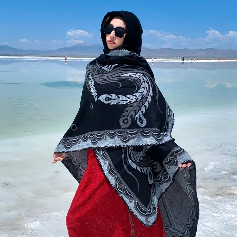 

New Poncho Imitation Cashmere Retro Ethnic Split Cape Coat for Women Travel Photography and Fashion Scarf Warm Cloak P2