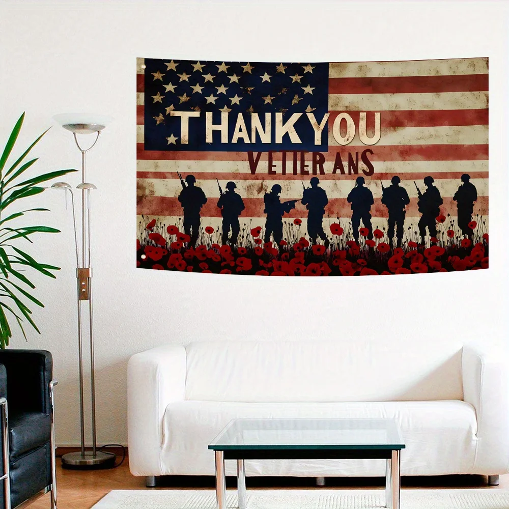 Thank You Veterans American Flag Poppy Field Silhouette Polyester Outdoor Flag