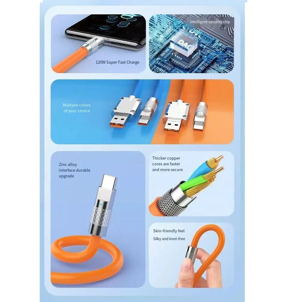 Cable de carga rápida de silicona tipo C a USB de 120W para Huawei, Cable de carga súper rápida de 1 metro/2 metros para teléfonos móviles