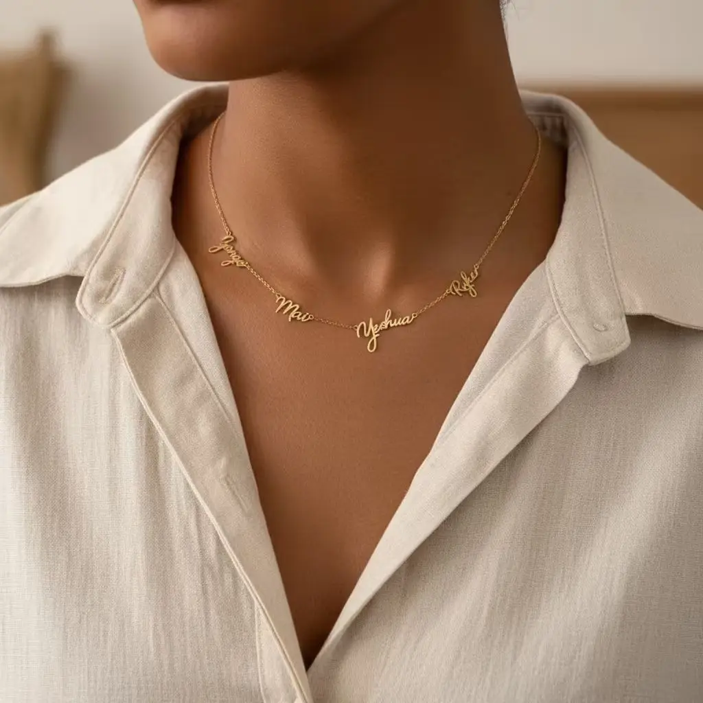 Personalisierte benutzerdefinierte 1–9 Namen Halskette Edelstahl 18 Karat vergoldet Paar Kinder Namenskette Familienmitglieder Namensschmuck