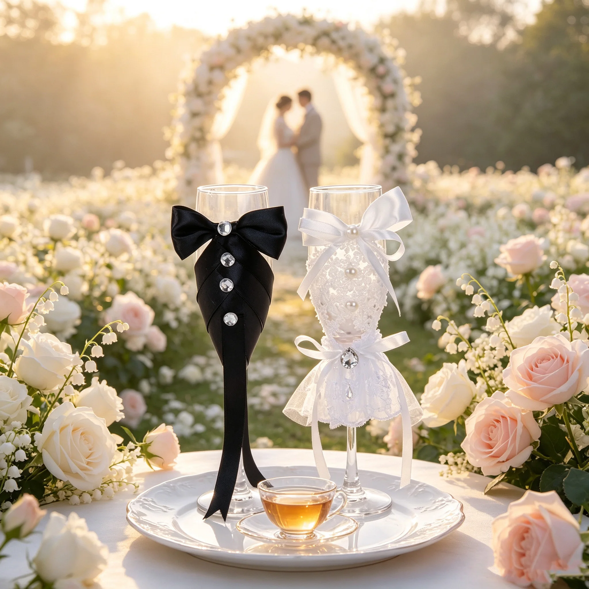 Celebratory champagne glasses, items for the wedding banquet and celebration of a romantic wedding party