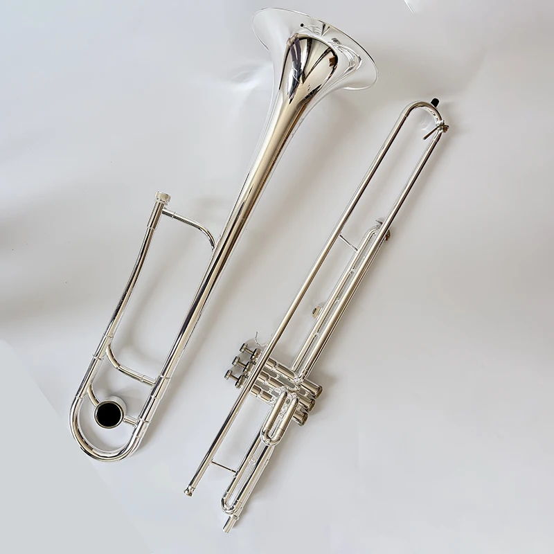 Yellow Brass Silver Plated Surface 3 Piston Valve Tenor Trombon with Engraving Flower Bell Trombon De Pistones