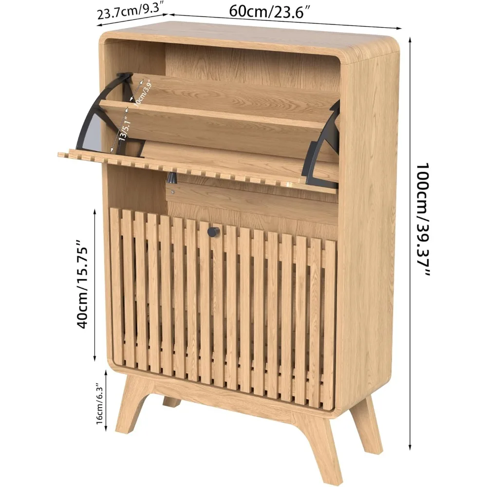 خزانة أحذية رفيعة حديثة للمدخل مع درجين قابلين للطي، رف منظم خشبي مخدد