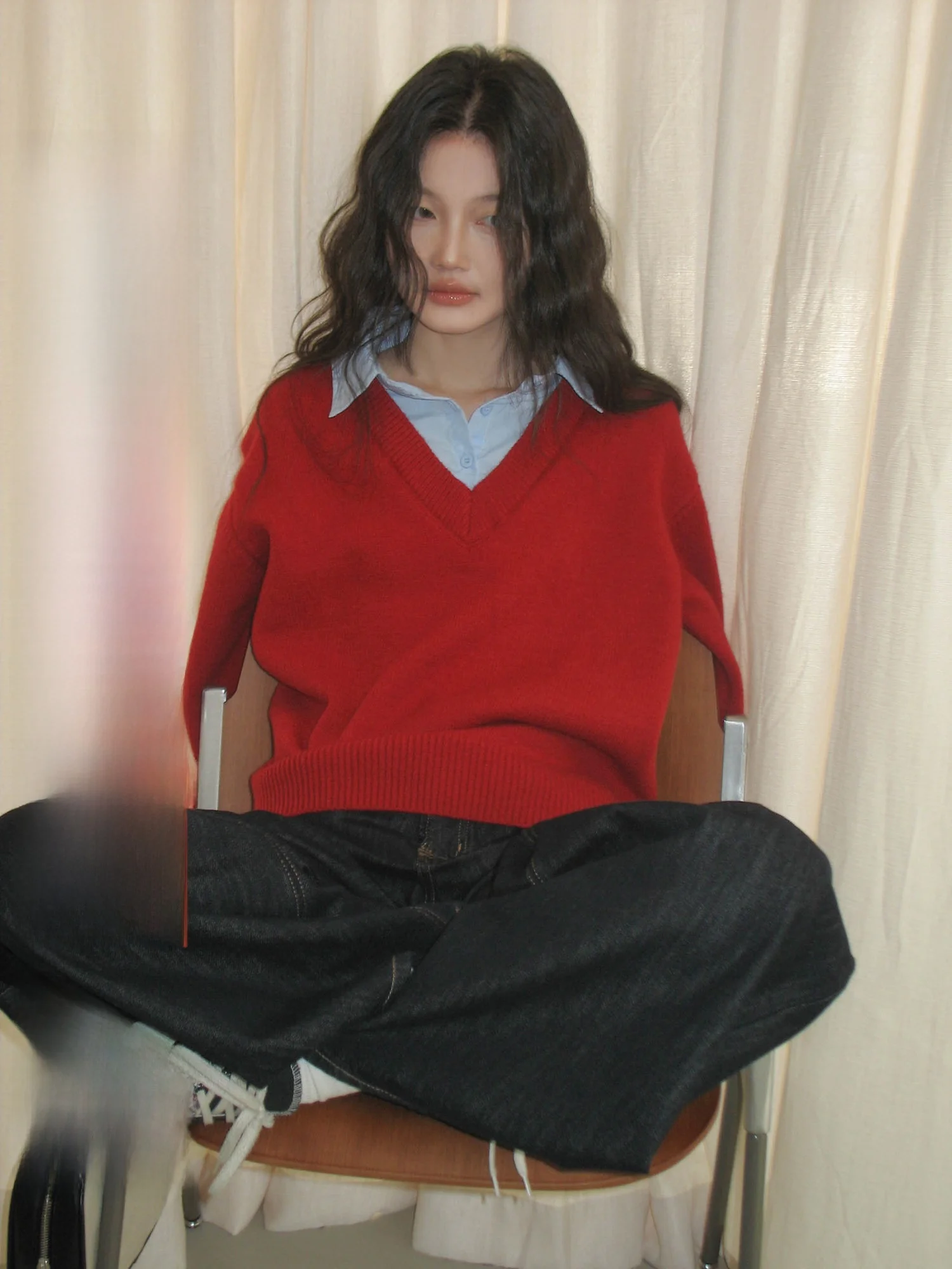 

Красный свитер с воротником-стойкой для женщин, новинка ранней весны, свободный крой, имитация двухслойности, с длинными рукавами, на Новый год