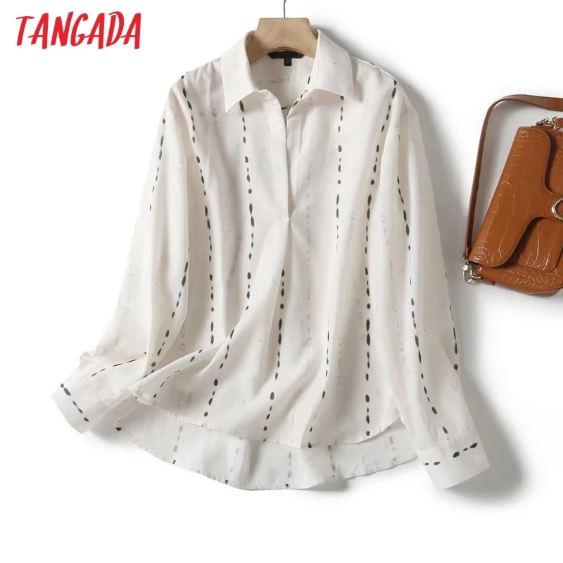 Tangada 2023 Women Print Loose Shirt Long Sleeve Female Work Blouse Tops 4C402