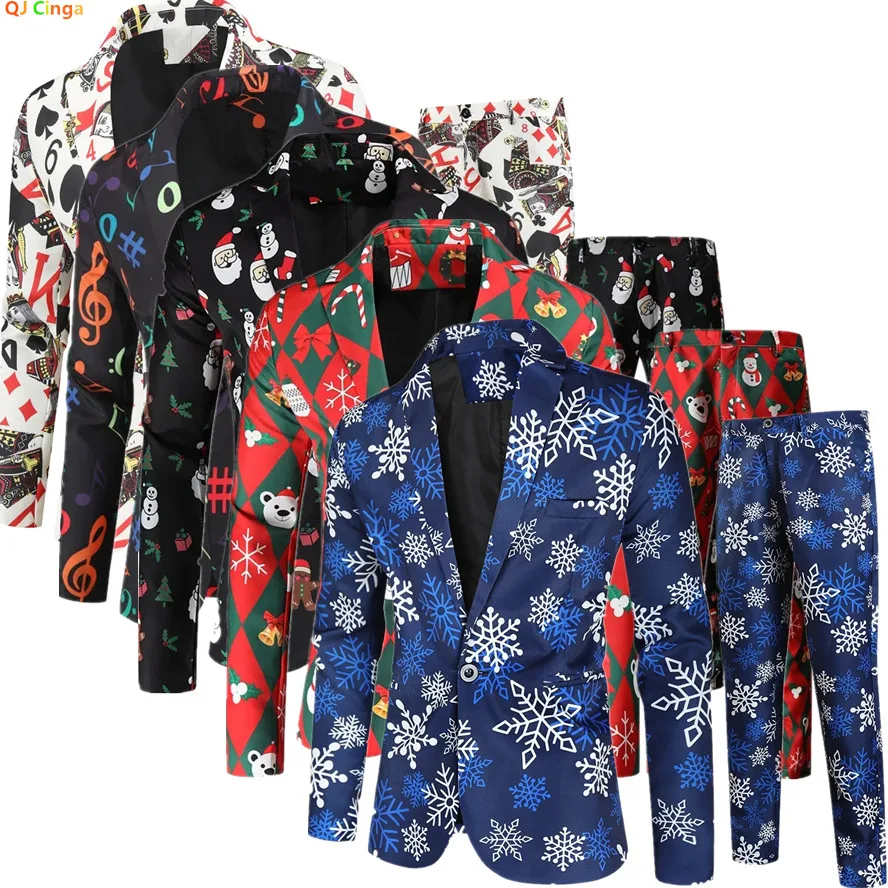 

Christmas Men's Suit Two-Pieces, Fashion Casual Printed Jacket and Trousers, Autumn New Costume Homme.