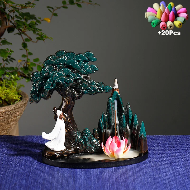 20Cones Flowing Water Rockery Waterfall Backflow Incense Diffuser Home Desktop Decorations Wine Cabinet Ornaments