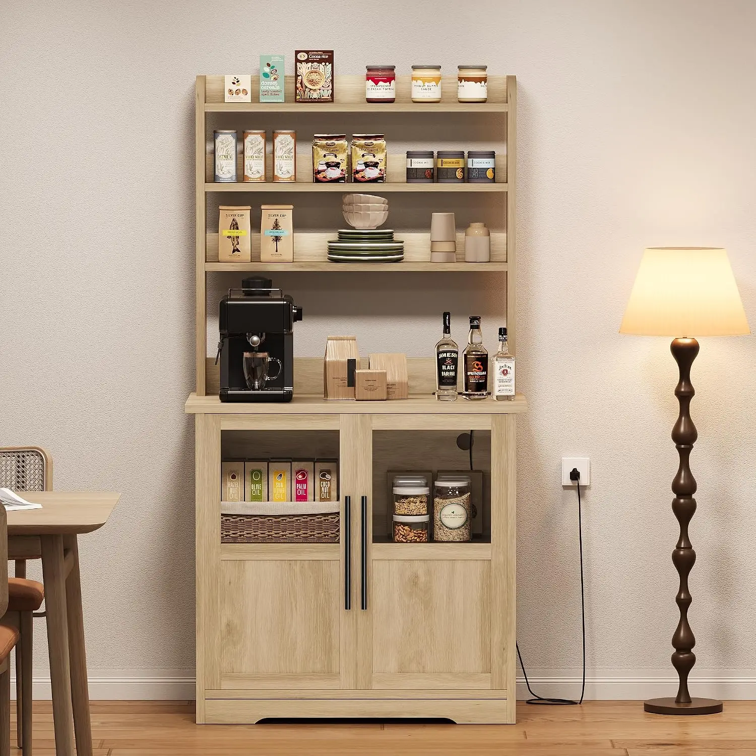 Bakers Rack with Storage Cabinet, Microwave Stand with Power Outlets, Farmhouse Bakers Rack with Thick Table Top, Small Kitchen