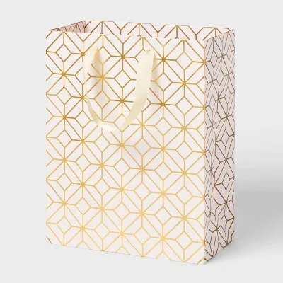 Bolsa de Regalo para Boda con Estampado Geométrico en Papel Metalizado, Color Marfil/Dorado