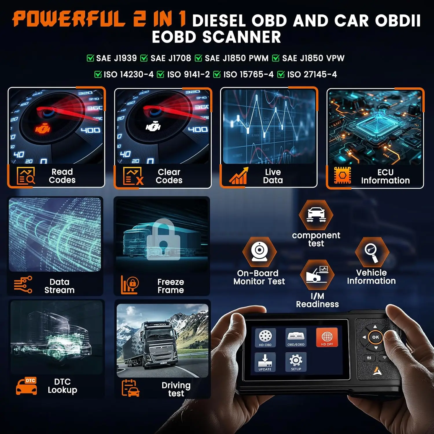 ANCEL HD430 Heavy Duty Truck Scanner DPF Reset & Forced Regeneration voor Cummins & Caterpillar HDOBD Diesel Diagnostische Hulpmiddelen