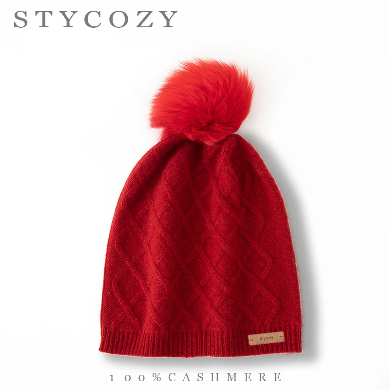 100%Cashmere Women Cable Knitted Pom Pom Hat Stretchy Ribbed Hem Diamond Lady Casual Skull Cap Thick Warm Winter Outdoor Beanie