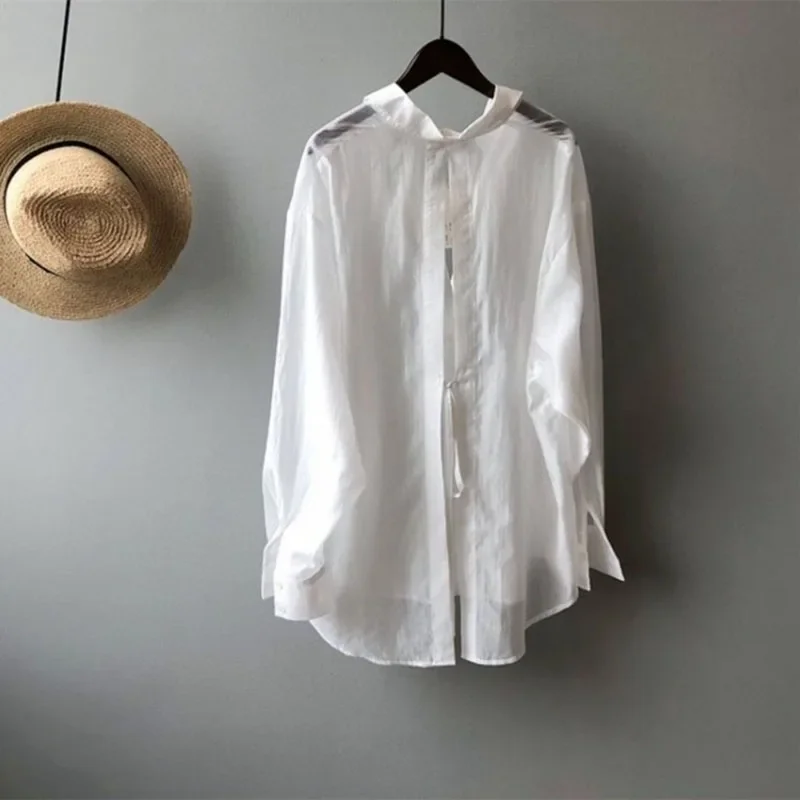 Tencel Shirt Blouse Summer Women T-Shirt Coat Lace-Up Backless Tops Loose Sunscreen Clothing Thin Fashion Long Sleeve Tee Shirts