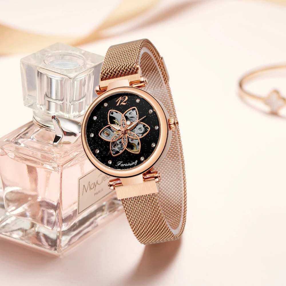 Fashion Forsining Top Brand Rose Gold Case Starry Sky Dial Women\'s Mesh Mechanical Skeleton Creative Self-winding Wrist Watches