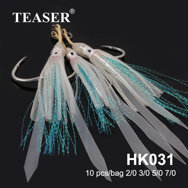 

TEASER【HK031】Mustad 10881N 10pcs Inchiku Fishhooks Tai Kabura Luminous Silicone Soft Squid Assist Jigging Hook Tuna bait Hook