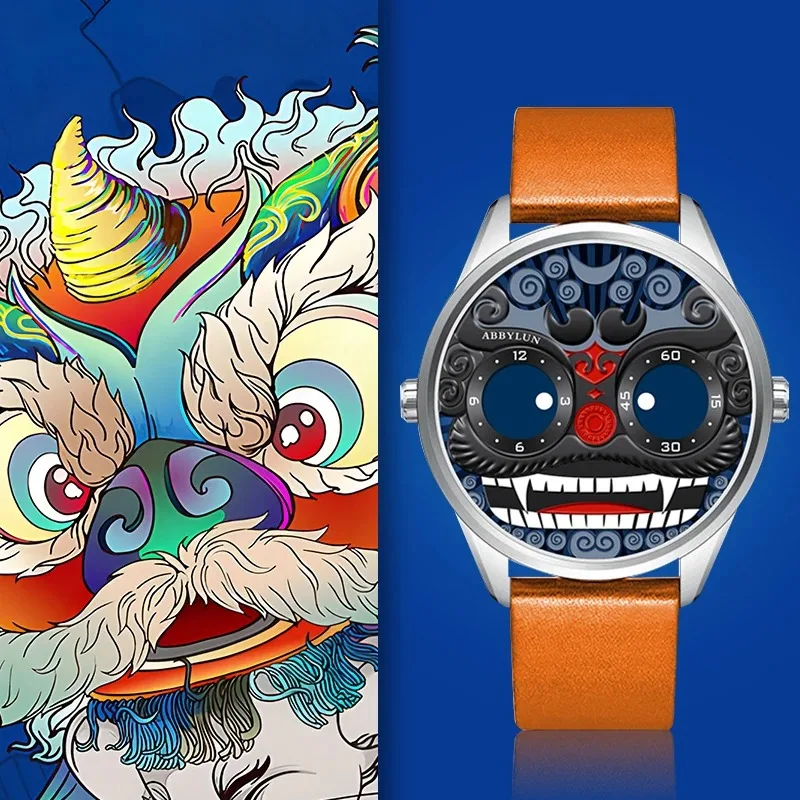 ABBYLUN 1363 موضة جديدة ساعة كوارتز للرجال سلسلة رقص الأسد الصيني شخصية ثلاثية الأبعاد ساعة الإغاثة تصميم الشارع ساعات المعصم