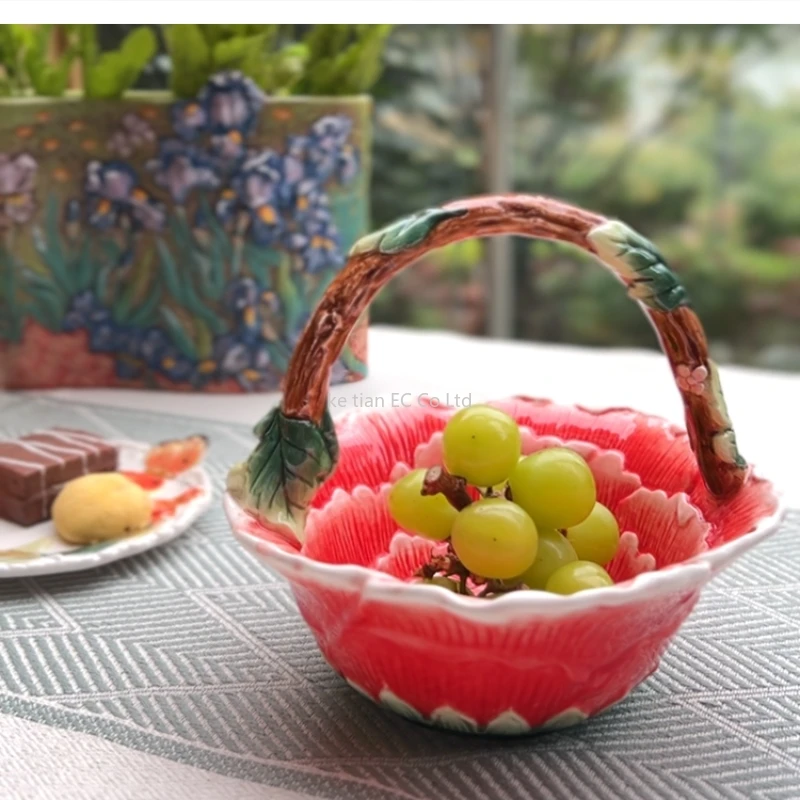 European hand-painted peony portable fruit plate home living room dining decor afternoon tea candy dessert bowl