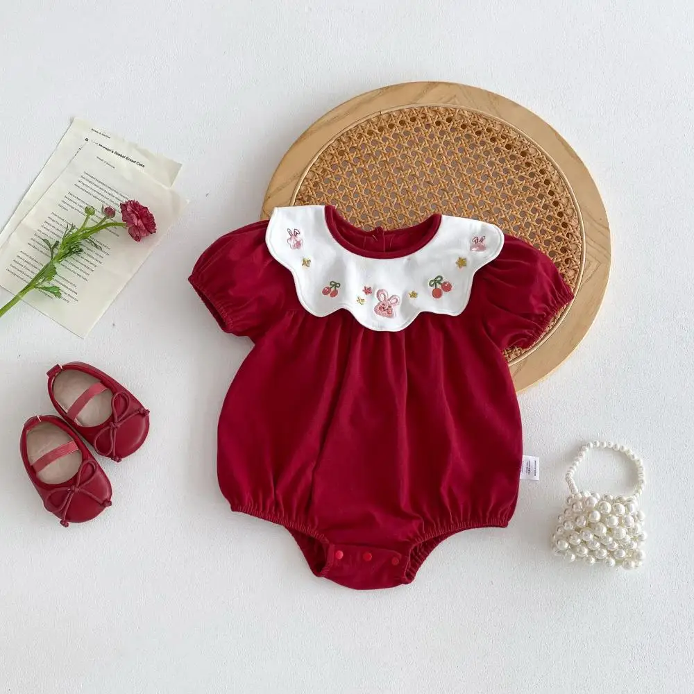 2024 Cartoon Embroidered Doll Neck Baby Girls Romper Cute Girl Red Simple Bodysuit First Birthday Family Party Newborn Clothing