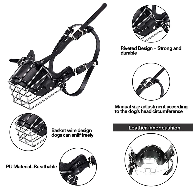 Kaganiec dla psa Metalowy kosz na twarz Usta psa Oddychający regulowany skórzany kaganiec dla psa Regulowana osłona na usta dla psa