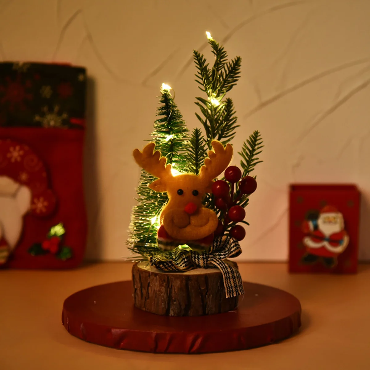 1Pcs Mini Christmas Tree Wooden Christmas Decorative Light Nordic Style Desktop Ornament Festival Party Decoration Lighting