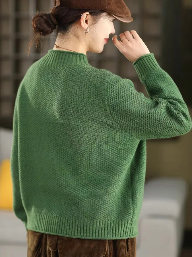 Sweter damski z dzianiny z wzorem sosny, z podwójnej bawełny, rozmiar L, z wysokim kołnierzem, modny top.