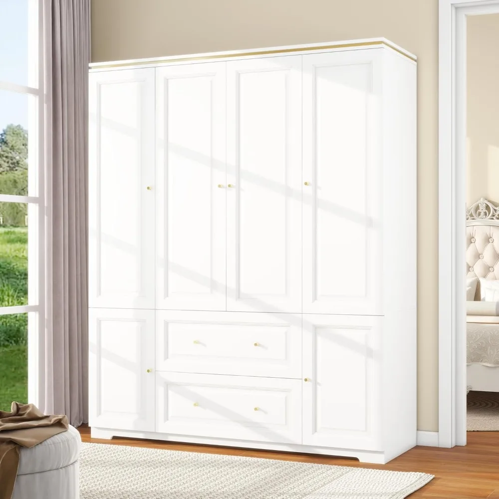 

Bedroom Armoires Wardrobe Closet with 4 Doors: 74" White Wardrobe Cabinet with 2 Drawers, Modern Wood Closet for Hanging Clothes