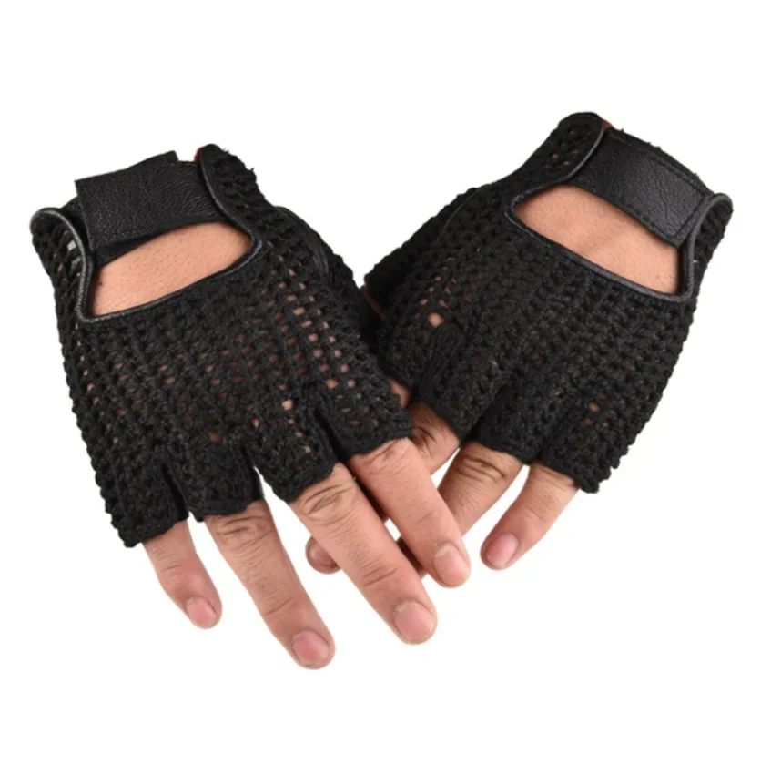 Leather Mesh Fingerless Gloves Motocross Fishnet Car Driving Tactical Gloves Motorcycle Accessories Work Cycling Men\'s Gloves