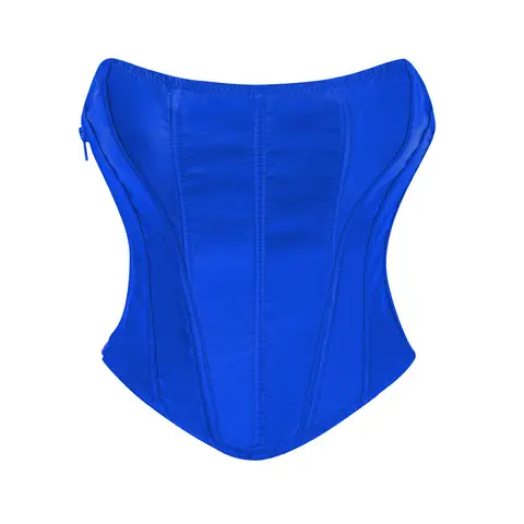 Women Blue Satin Sexy Corset Waist Trainer Overbust Bustier Zipper Body Shaper Tummy Control Slimming Corsets For Party Clubwear