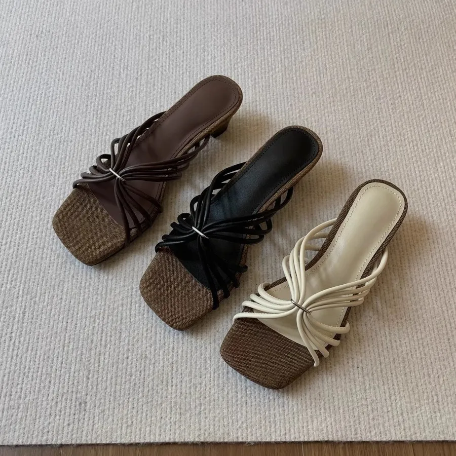 Women Square Toe Wedge Slippers Women French Style Temperament Apricot Fashion Open Toe One-Word Sandals for Outer Wear Fashion