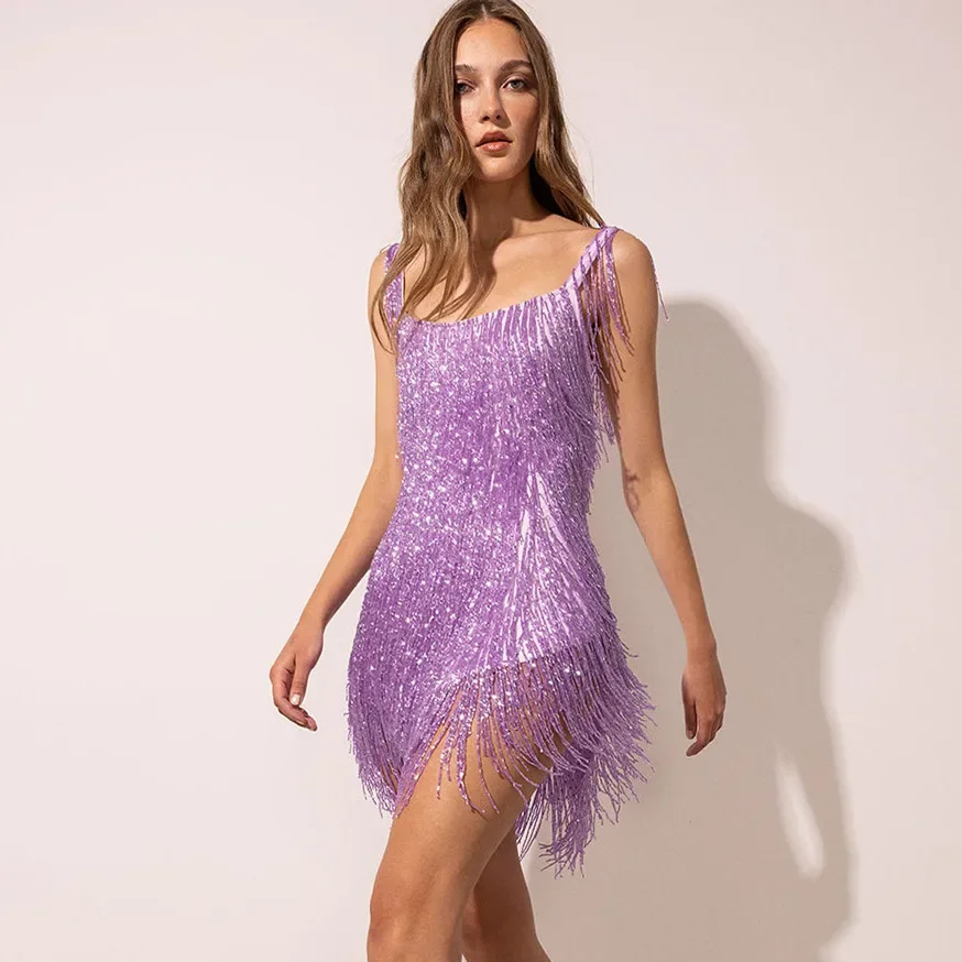 Sexy V Neck Fringe Sequins Mini Dress Women Elegant Sleeveless Tassel Bodycon Short Dress Night Club Party Dress